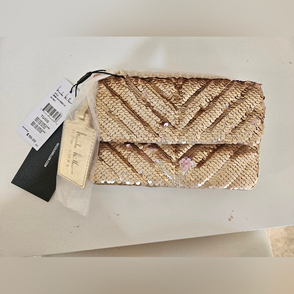 NWT Nicole Miller Gold/Pink Sequin Wristlet